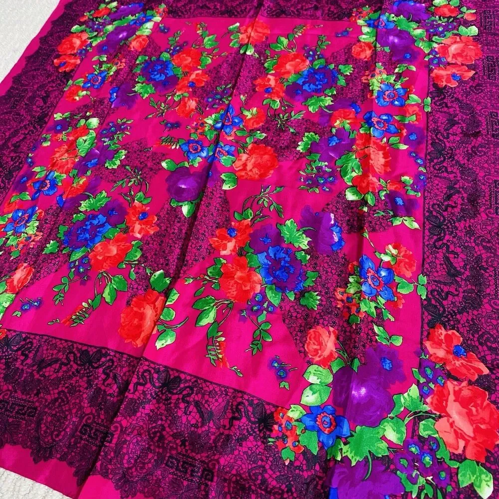 Vintage Liz Claiborne Designer Silk Scarf Lace Print Floral Design Gem Tones